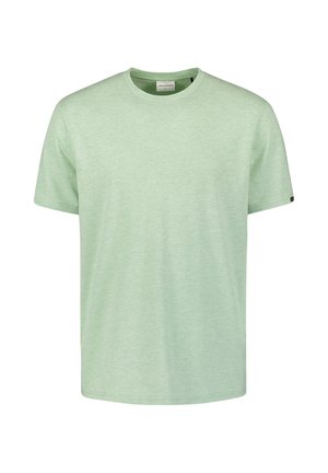 Light green cotton t-shirt with a round neckline and short sleeves. Features a subtle heathered texture and a small brand tag on the sleeve.