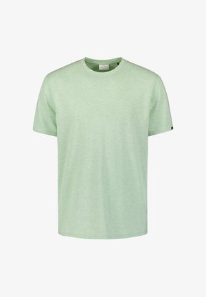 Light green cotton t-shirt with a round neckline and short sleeves. Features a subtle heathered texture and a small brand tag on the sleeve.