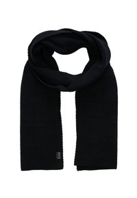 Black knitted scarf with a textured finish, featuring a smooth edge and a small logo tag at one end. Long, rectangular shape.
