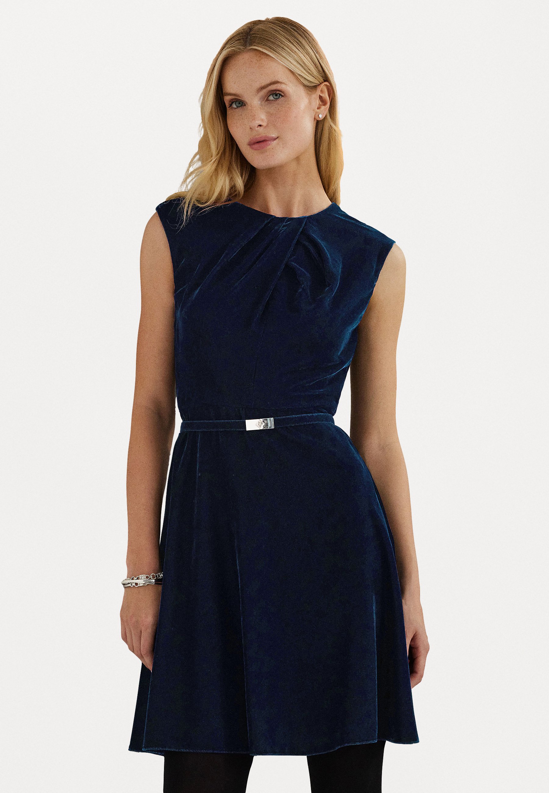 Lauren Ralph Lauren BELTED VELVET CAP SLEEVE DRESS Vestito