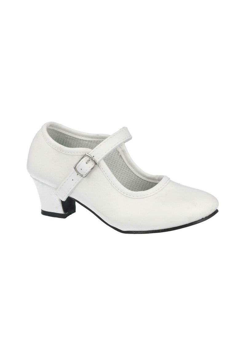 Zapato Mary Jane blanco con tacón bajo y correa ajustable con hebilla, diseñado para un uso formal o casual.