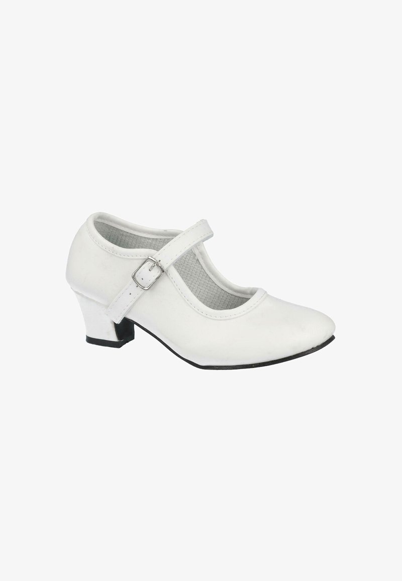Zapato Mary Jane blanco con tacón bajo y correa ajustable con hebilla, diseñado para un uso formal o casual.