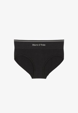 Black cotton brief with a textured fabric, featuring a contrasting grey waistband with "Mare O'Polo" logo. Traditional full-coverage design.