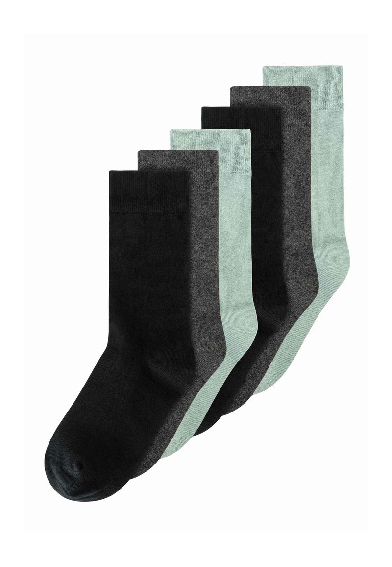 Cinq paires de chaussettes de couleurs assorties : noir, gris foncé, gris clair et menthe. Fabriquées en tissu lisse avec des poignets côtelés.
