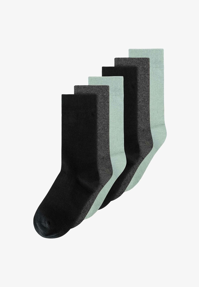 Fünf Paar Socken in verschiedenen Farben: schwarz, dunkelgrau, hellgrau und mint. Hergestellt aus einem glatten Stoff mit gerippten Bündchen.