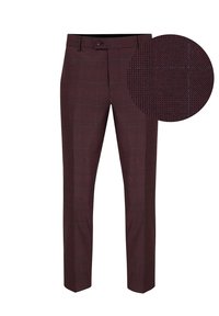 Bordowe spodnie o dopasowanym kroju w kratkę, wykonane z teksturowanej tkaniny; charakteryzują się zapięciem na guziki z przodu oraz smukłymi nogawkami.