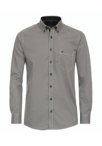 Long-sleeve button-up shirt in black and white geometric pattern, featuring a classic collar and a chest pocket. Soft fabric with a textured finish.