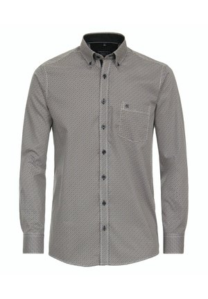 Langarm-Hemd in Schwarz-Weiß mit geometrischem Muster, ausgestattet mit einem klassischen Kragen und einer Brusttasche. Weicher Stoff mit strukturierter Oberfläche.