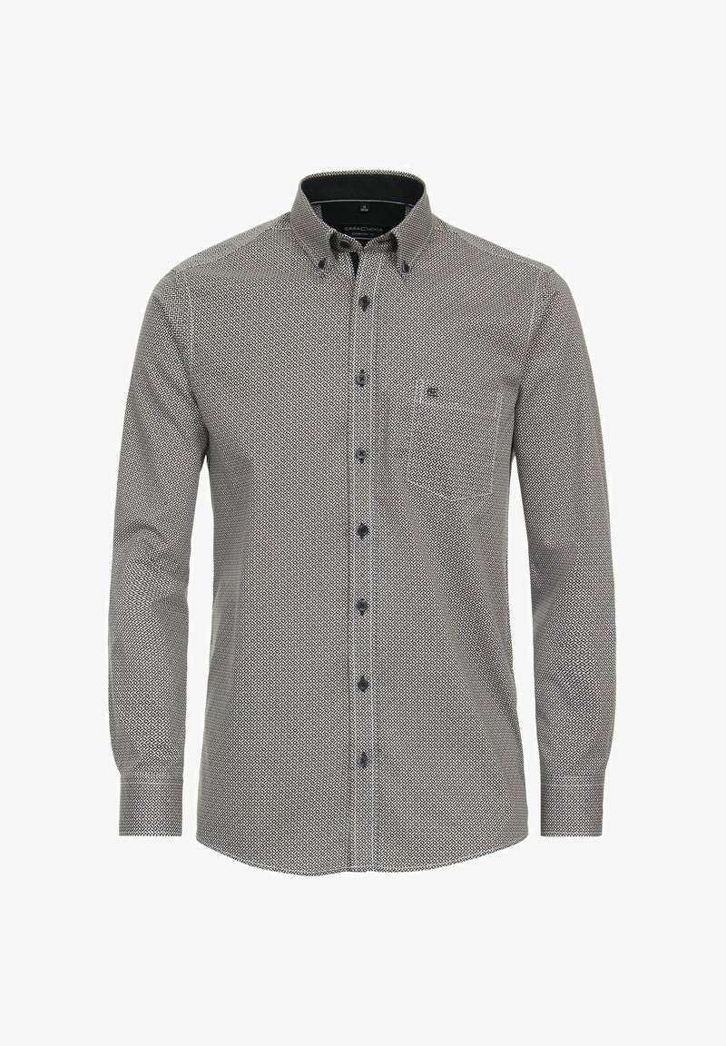 Long-sleeve button-up shirt in black and white geometric pattern, featuring a classic collar and a chest pocket. Soft fabric with a textured finish.
