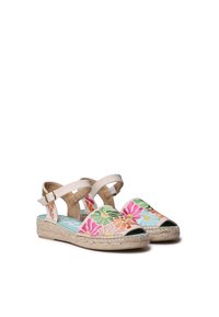 Broderade espadrillosandaler med blommiga mönster i rosa, orange och grönt på en naturväv; jutesula; justerbart ankelband.