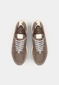 Brown suede and mesh sneakers with a cream rubber sole, featuring grey laces and branding on the tongue, top view.