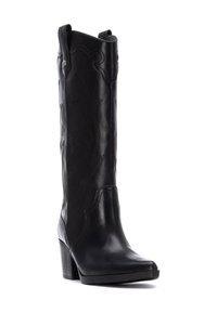 Stivale da cowboy in pelle nera con punta appuntita, altezza al polpaccio e cuciture decorative. Presenta un tacco impilato e linguette per il trascinamento.