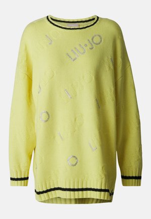 Maglione giallo lavorato a maglia con una vestibilità comoda, caratterizzato da un motivo "LIU JO" in argento e dettagli a coste neri sul colletto e sull'orlo.