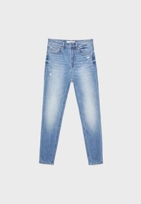 Jeans in denim blu chiaro con vestibilità slim, lievemente consumati, cinque tasche e chiusura con cerniera. Texture liscia, gambe affusolate.