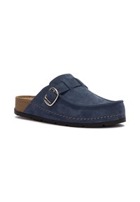 Zoccolo in suede blu navy con fibbia regolabile, soletta in sughero imbottita e suola in gomma nera.