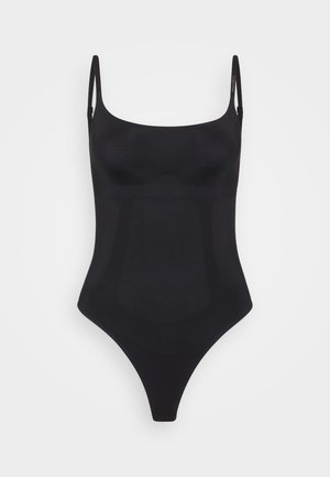 Black bodysuit made from smooth, stretchy material, featuring thin adjustable straps and a thong-style bottom. No visible patterns or hardware.