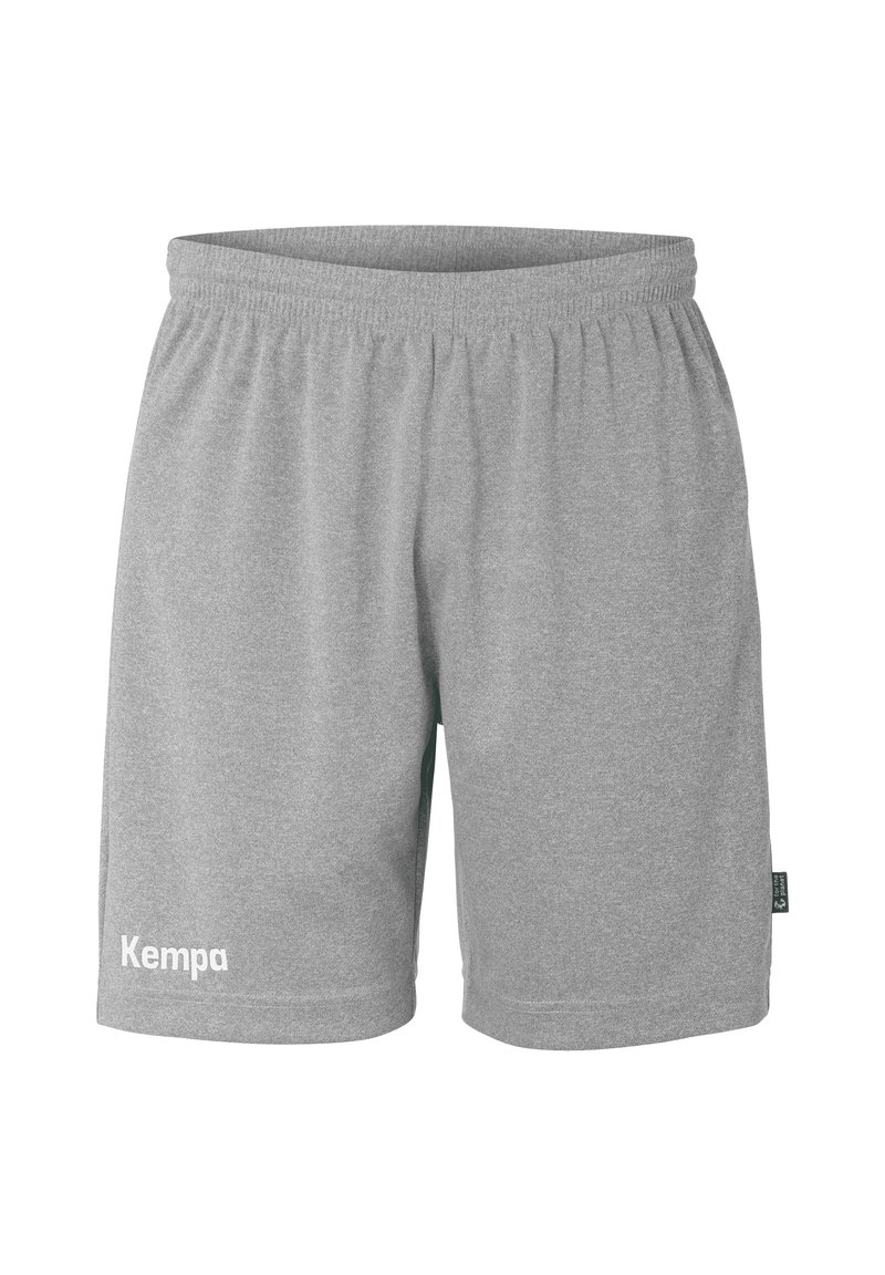 Pantalones cortos deportivos grises hechos de una tela suave y texturizada. Cintura elástica. Logo "Kempa" impreso en blanco en la pierna izquierda.