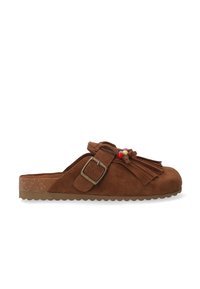 Brune ruskind slip-on sko med frynse detaljer foran, farverige perler og en metalspænde. Bølget sål for bedre greb.