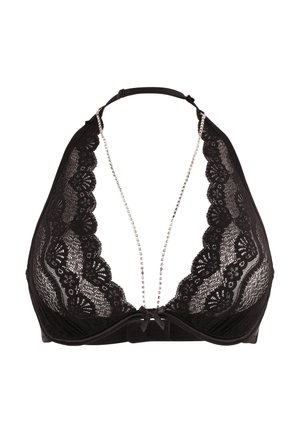 Schwarzer Spitzen-BH mit Halter-Design, gewellten Kanten und einem dekorativen Kettenelement. Weicher Stoff mit transparenter Textur und minimalem Zubehör.