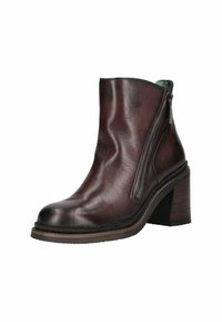 Bottine en cuir marron avec une fermeture éclair sur le côté, bout rond et un talon épais. Texture lisse et détails matériels minimaux.