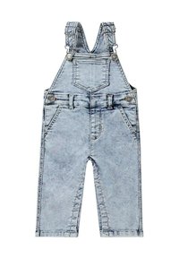Ljusblå denimoveraller med justerbara axelband, framficka och två sidofickor. Har en urtvättad textur och dragkedjestängning.