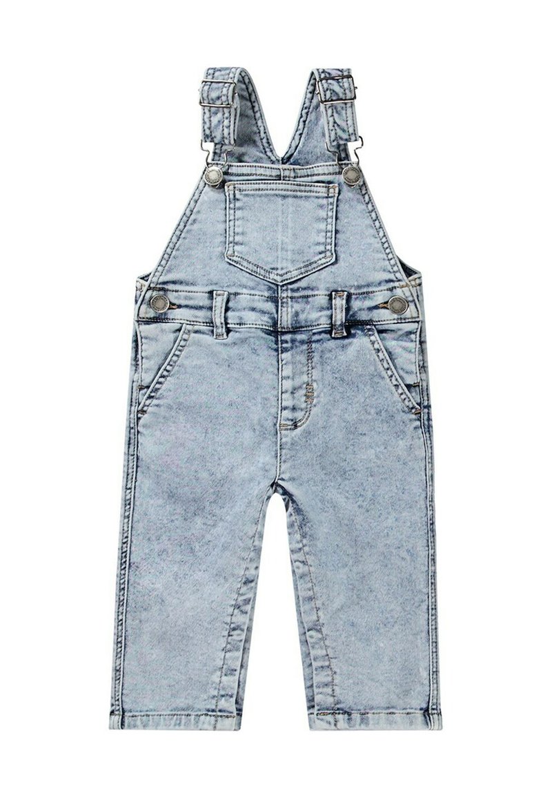 Ljusblå denimoveraller med justerbara axelband, framficka och två sidofickor. Har en urtvättad textur och dragkedjestängning.