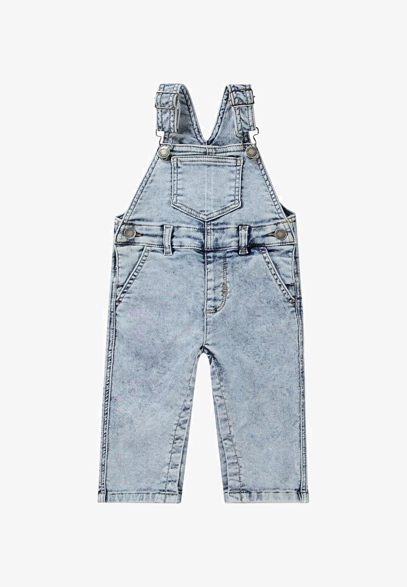 Lichtblauwe denim overalls met verstelbare bandjes, een voorzak en twee zijzakken. Heeft een vervaagde textuur en een ritsluiting.
