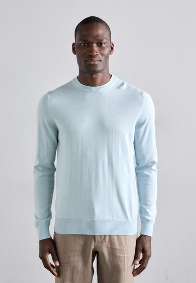 Helles blauer Strickpullover mit Rundhalsausschnitt, langen Ärmeln, gerippten Bündchen und Saum. Der Stoff wirkt glatt mit einer dezenten Textur.