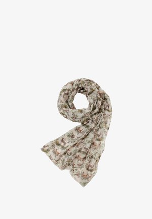 Bufanda ligera color crema con un patrón de naturaleza que presenta ciervos, pájaros y follaje en suaves tonos de verde y sutiles marrones.