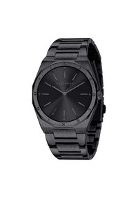 Orologio ottagonale nero con finitura opaca testurizzata e bracciale lucido. Presenta un quadrante nero, indicatori delle ore argentati e il marchio LIEBESKIND.