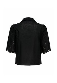 Blouse noire avec manches courtes bouffantes en dentelle et col classique, vue de dos sur fond blanc.