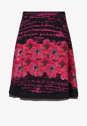 Blumiger Rock mit einem lebendigen pinken Blumenmuster auf schwarzem Hintergrund und handschriftlichen Textakzenten. A-Linie mit einem leicht durchsichtigen Saum.