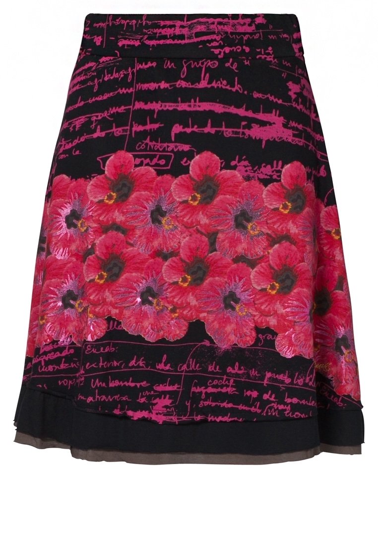 Gonna floreale con una vivace stampa floreale rosa su sfondo nero e accenti di testo scritto a mano. Forma a campana con un orlo leggermente trasparente.