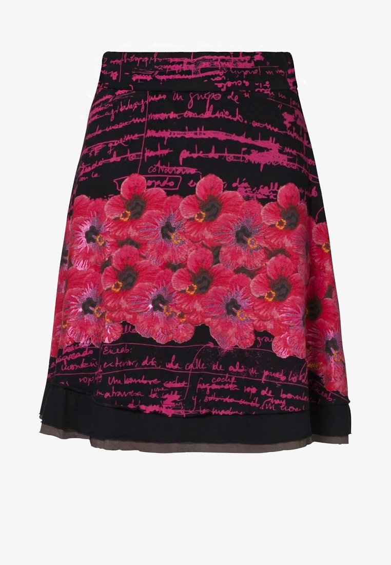 Gonna floreale con una vivace stampa floreale rosa su sfondo nero e accenti di testo scritto a mano. Forma a campana con un orlo leggermente trasparente.