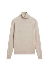 Maglione beige a collo alto realizzato in morbido tessuto a maglia; presenta maniche lunghe, un colletto aderente e polsini e orlo a costine. Design semplice e monocolore.