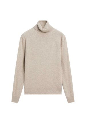 Maglione beige a collo alto realizzato in morbido tessuto a maglia; presenta maniche lunghe, un colletto aderente e polsini e orlo a costine. Design semplice e monocolore.