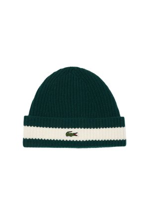 Knitted green beanie with a folded white band featuring a textured design and a small embroidered logo. Soft, warm fabric.