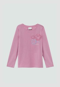 Rosa Langarmshirt mit drei gestickten Smileys und dem Text "TEILE EIN LÄCHELN" und "SMILEYWORLD" auf der oberen linken Brust.