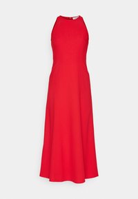 Robe sans manches rouge avec un col montant, jupe évasée et texture de tissu lisse. Présente des coutures latérales pour un ajustement sur mesure.