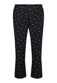 Czarne spodnie w białe kropki, wykonane z gładkiego materiału, o prostym kroju z elastycznym pasem dla wygody.