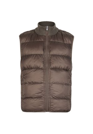 Veste matelassée sans manches marron avec fermeture éclair frontale et col haut côtelé.