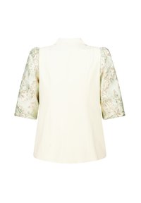 Witte blazer met korte, patroonmouwen in groen en goud, met een gestructureerd ontwerp en een gladde textuur, open aan de achterkant.