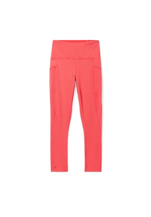 Coral athletic leggings with a high waistband, two side pockets, and flat seams for comfort. Made from stretchy, moisture-wicking fabric.
