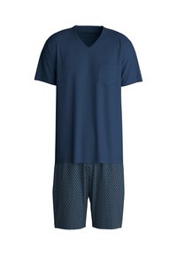 Marineblauw v-hals top met korte mouwen en een borstzak, gecombineerd met gebloemde shorts met een rasterontwerp in contrasterende blauwtinten.