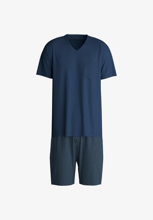 Marineblauw v-hals top met korte mouwen en een borstzak, gecombineerd met gebloemde shorts met een rasterontwerp in contrasterende blauwtinten.