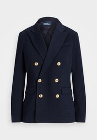 Námořnický dvouřadý blejzr se zlatými knoflíky, s klopami, předními kapsami a přizpůsobeným střihem, vyrobený z hladké, texturované látky.