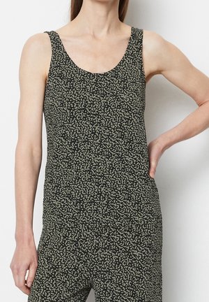 Débardeur noir avec un imprimé abstrait texturé vert olive, décolleté plongeant et sans manches, fabriqué dans un tissu doux et extensible.