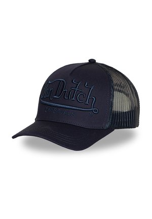 Navy blue trucker cap with mesh back and embroidered "Von Dutch Originals" logo on front panel.