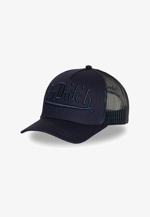 Navy blue trucker cap with mesh back and embroidered "Von Dutch Originals" logo on front panel.