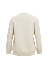 Felpa beige con maniche lunghe, scollo rotondo, polsini a costine e tessuto testurizzato. Design semplice senza ulteriori motivi o dettagli.